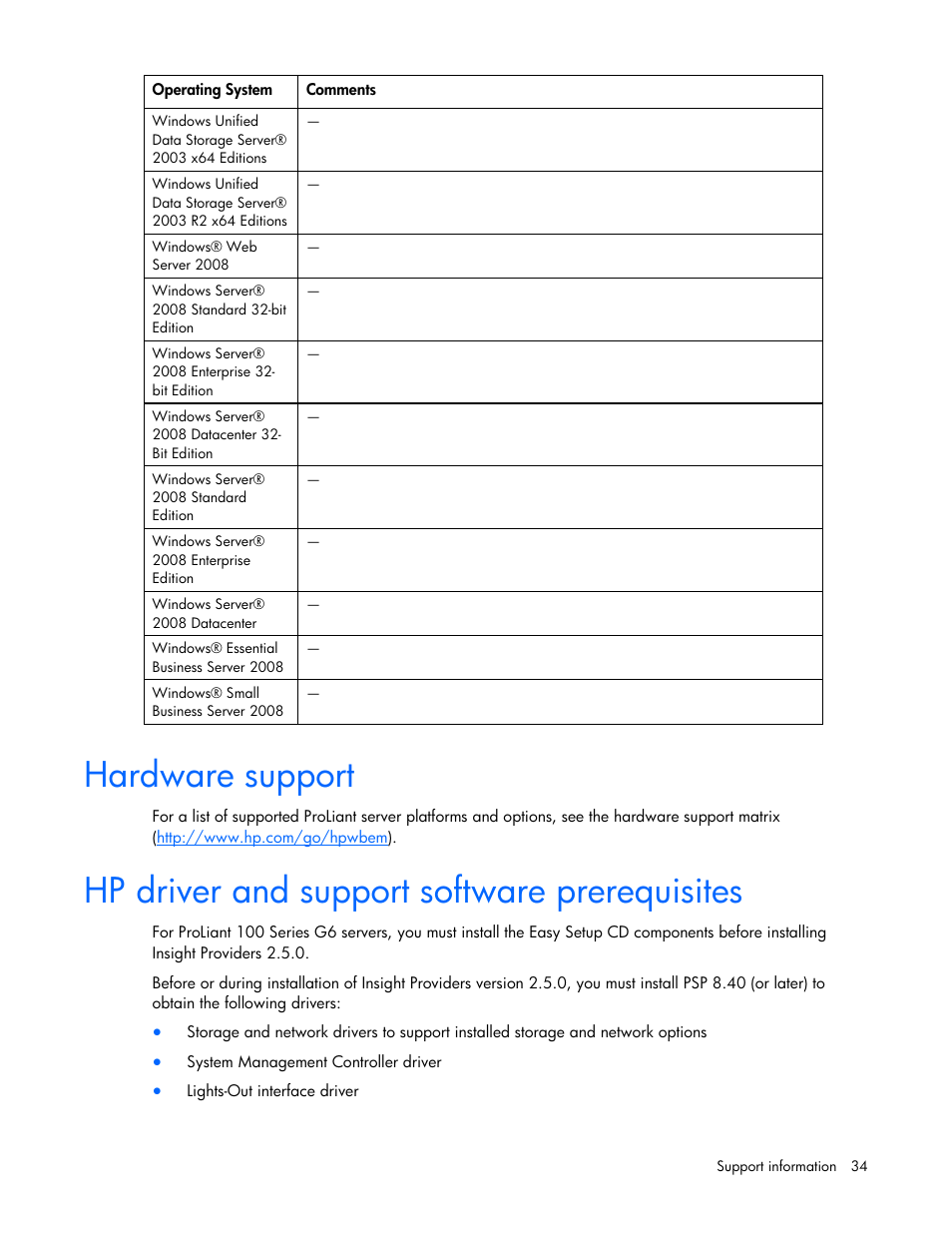 Hardware support, Hp driver and support software prerequisites | HP Insight Management WBEM Providers User Manual | Page 34 / 40