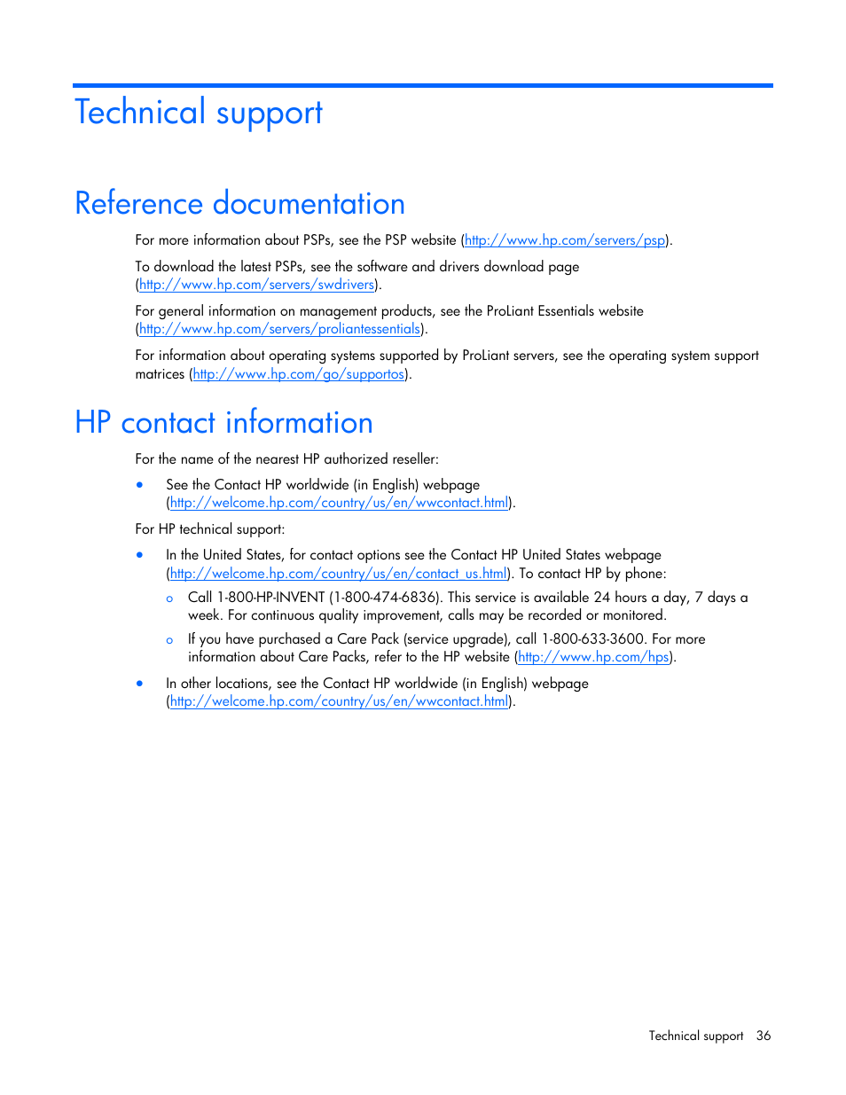 Technical support, Reference documentation, Hp contact information | Reference documentation hp contact information | HP Insight Management WBEM Providers User Manual | Page 36 / 40