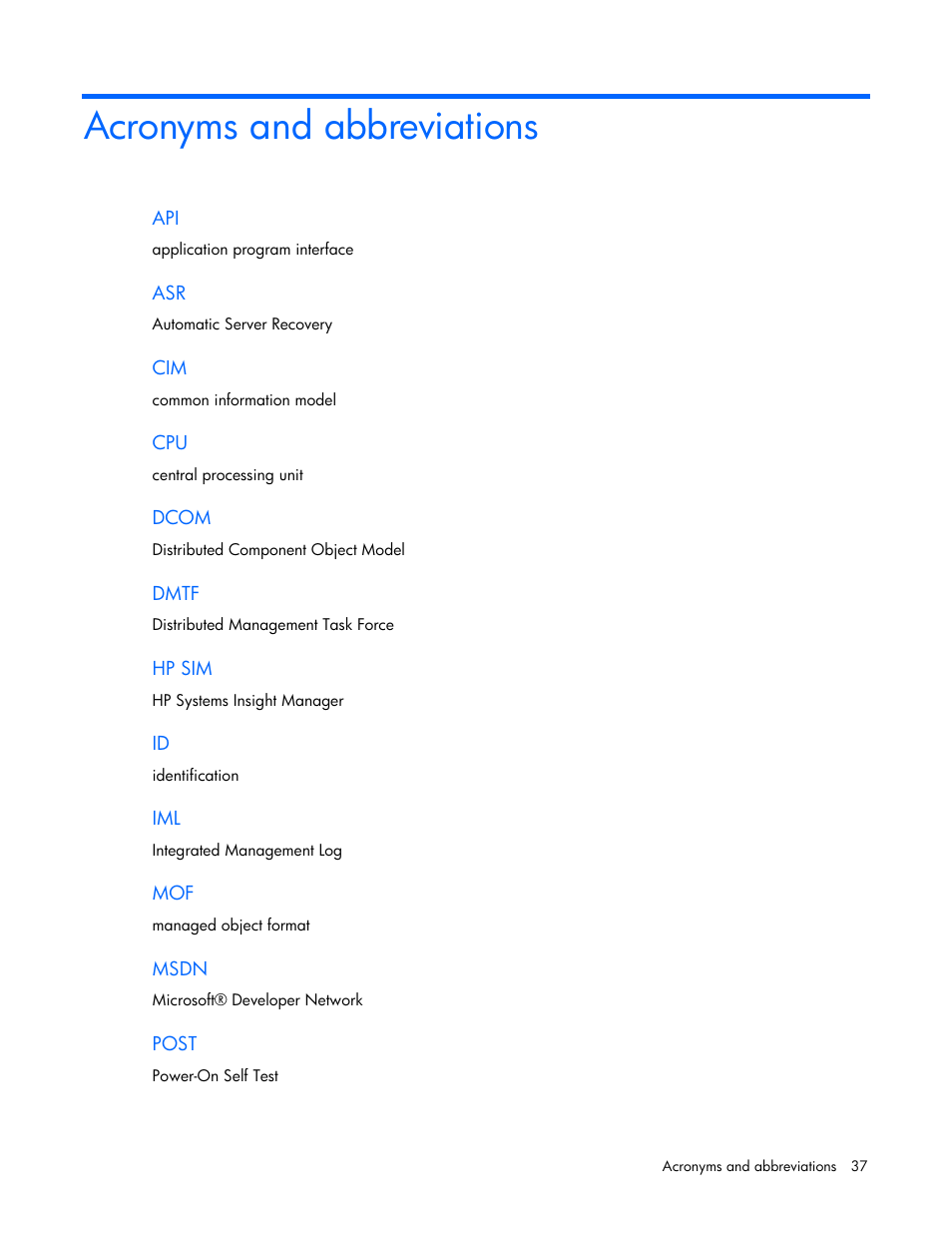 Acronyms and abbreviations | HP Insight Management WBEM Providers User Manual | Page 37 / 40