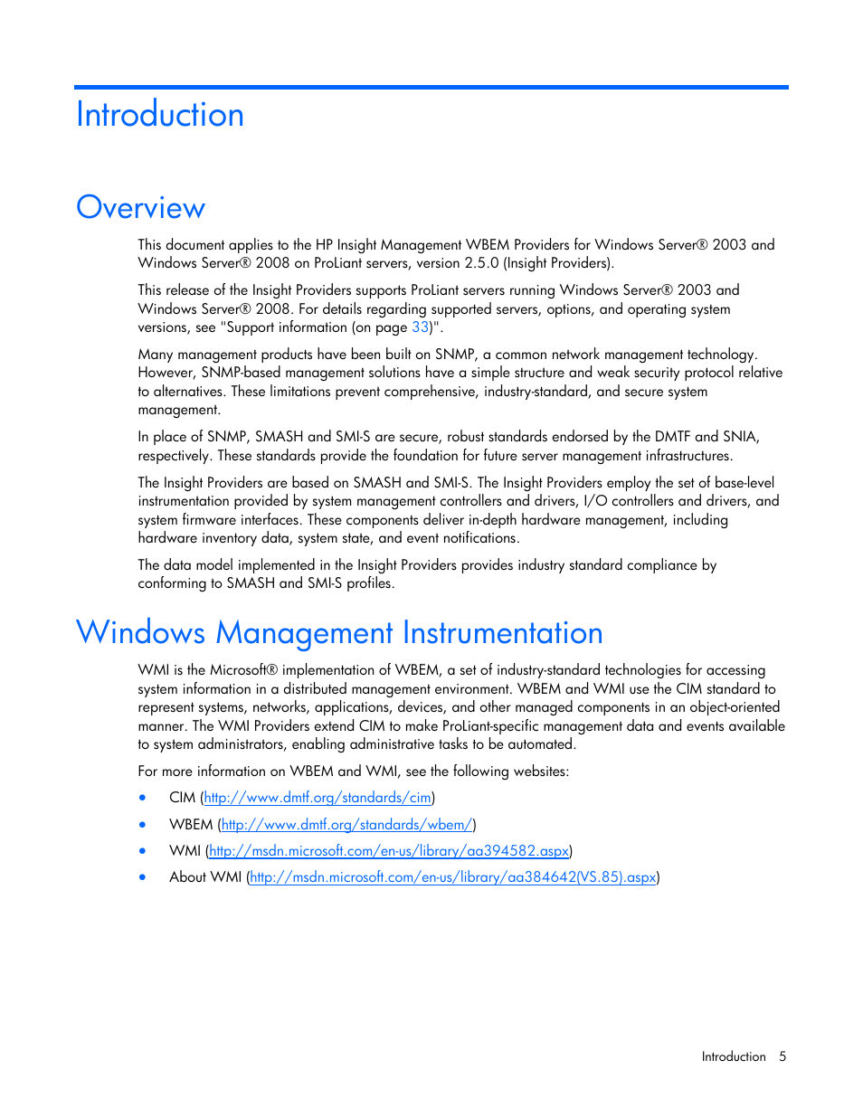 Introduction, Overview, Windows management instrumentation | Overview windows management instrumentation | HP Insight Management WBEM Providers User Manual | Page 5 / 40