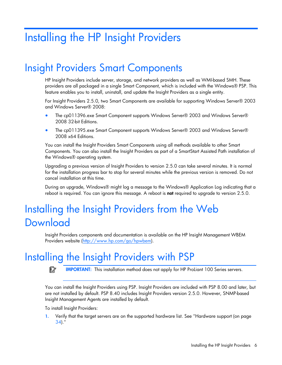 Installing the hp insight providers, Insight providers smart components, Installing the insight providers with psp | HP Insight Management WBEM Providers User Manual | Page 6 / 40