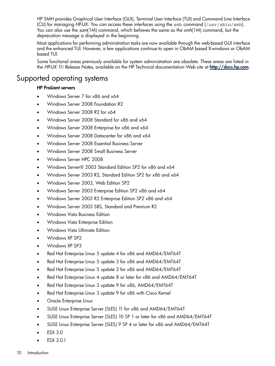 Supported operating systems | HP System Management Homepage-Software User Manual | Page 10 / 102