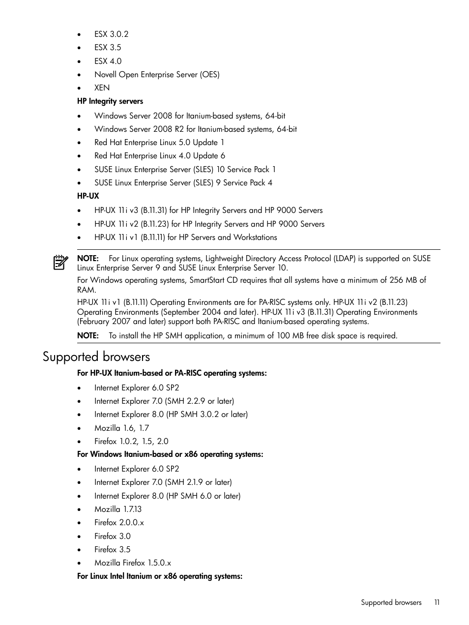 Supported browsers | HP System Management Homepage-Software User Manual | Page 11 / 102