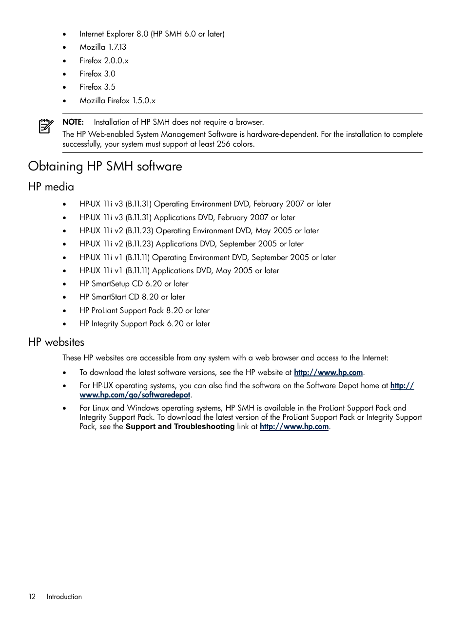 Obtaining hp smh software, Hp media, Hp websites | Hp media hp websites | HP System Management Homepage-Software User Manual | Page 12 / 102