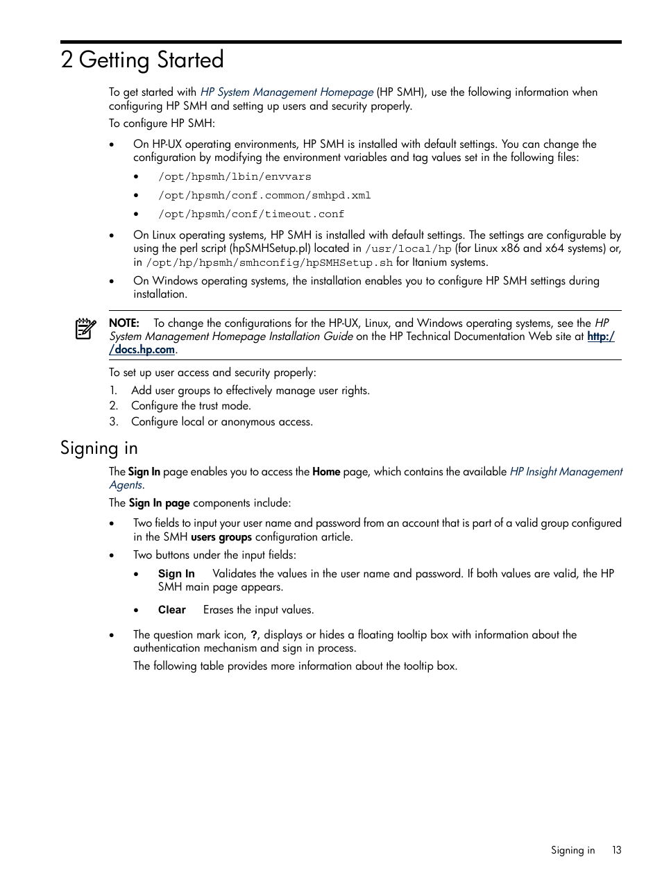 2 getting started, Signing in | HP System Management Homepage-Software User Manual | Page 13 / 102