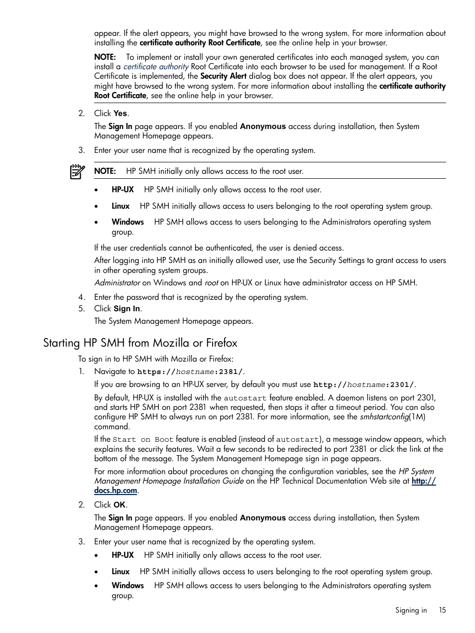 Starting hp smh from mozilla or firefox | HP System Management Homepage-Software User Manual | Page 15 / 102