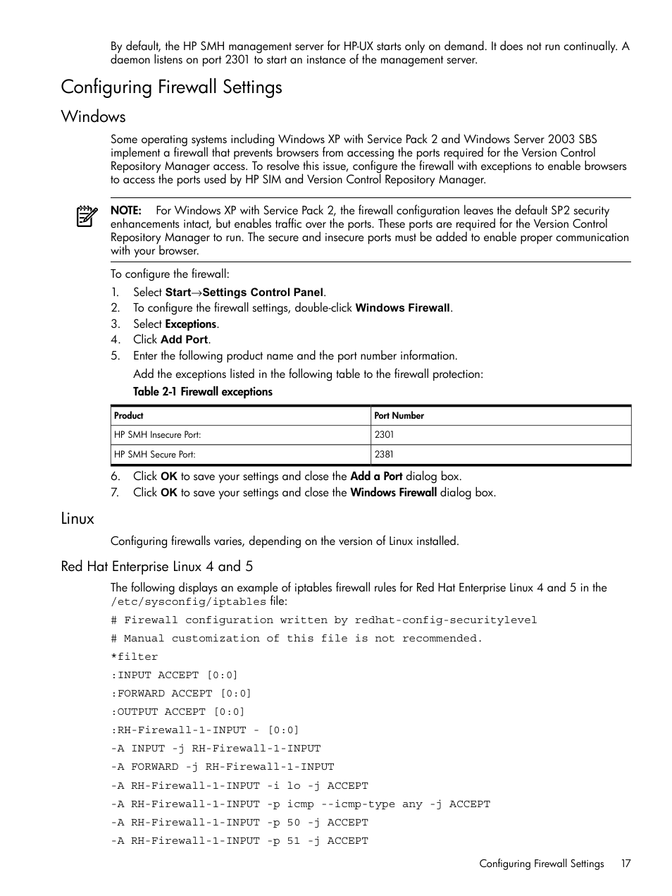 Configuring firewall settings, Windows, Linux | Red hat enterprise linux 4 and 5, Windows linux, Firewall exceptions | HP System Management Homepage-Software User Manual | Page 17 / 102