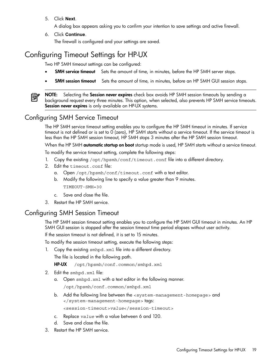 Configuring timeout settings for hp-ux, Configuring smh service timeout, Configuring smh session timeout | HP System Management Homepage-Software User Manual | Page 19 / 102