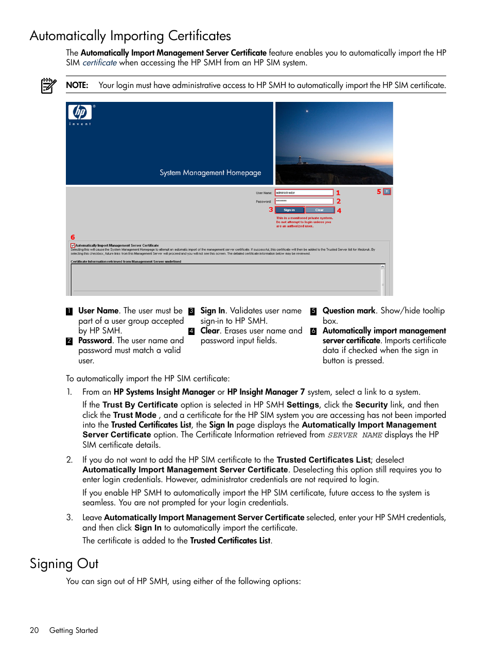 Automatically importing certificates, Signing out, Automatically importing certificates signing out | HP System Management Homepage-Software User Manual | Page 20 / 102