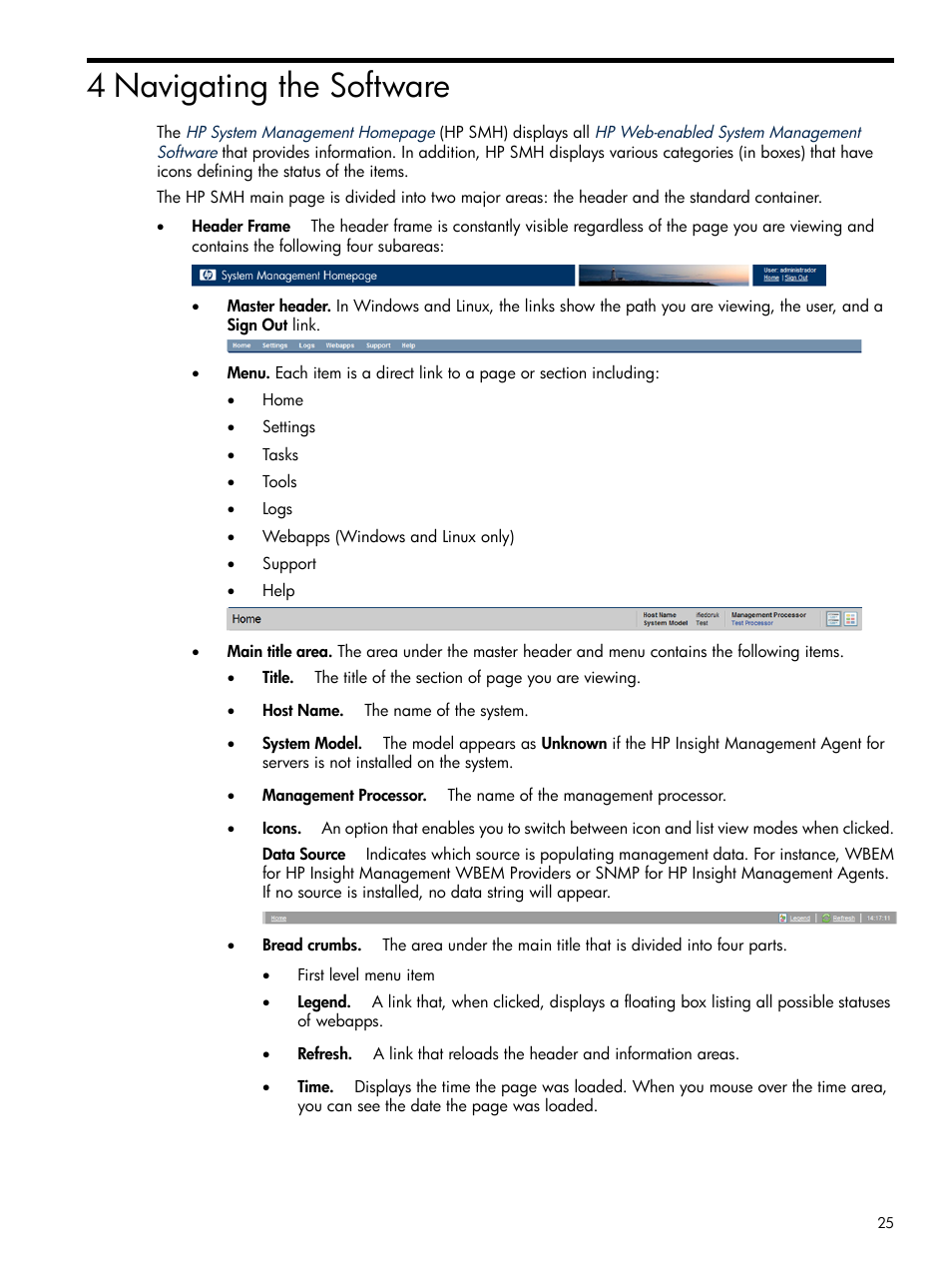 4 navigating the software | HP System Management Homepage-Software User Manual | Page 25 / 102