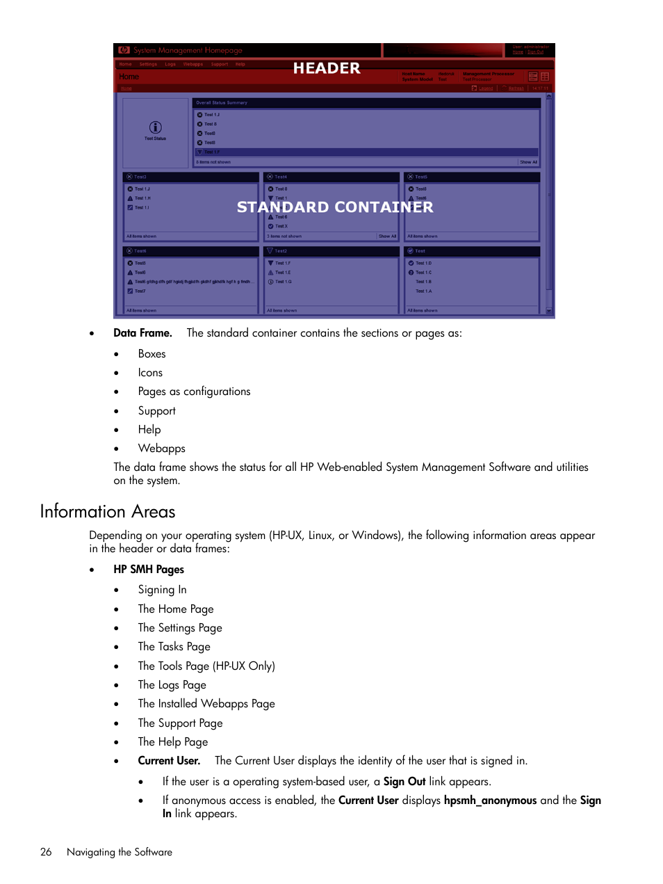 Information areas | HP System Management Homepage-Software User Manual | Page 26 / 102