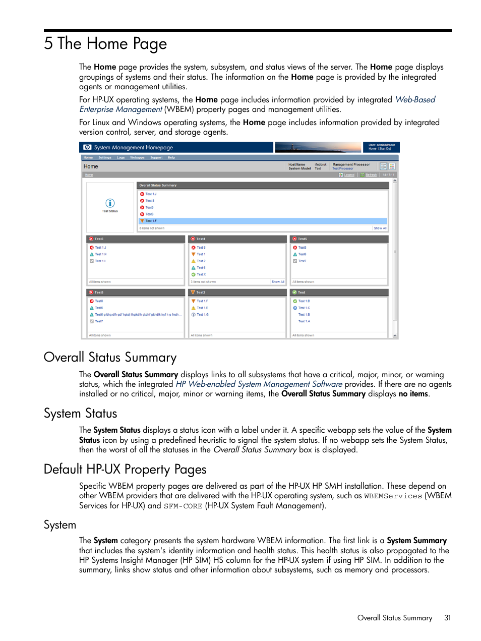 Overall status summary, System status, System | 5 the home page, Default hp-ux property pages | HP System Management Homepage-Software User Manual | Page 31 / 102