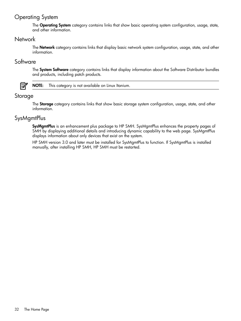 Operating system, Network, Software | Storage, Sysmgmtplus, Operating system network software, Storage sysmgmtplus | HP System Management Homepage-Software User Manual | Page 32 / 102