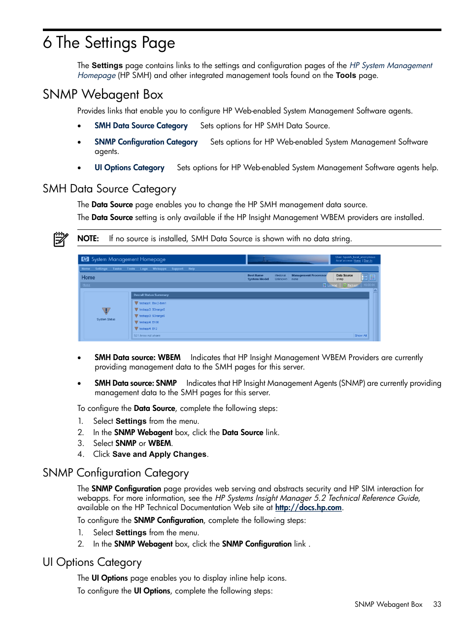 Snmp webagent box, Smh data source category, Snmp configuration category | Ui options category, 6 the settings page | HP System Management Homepage-Software User Manual | Page 33 / 102