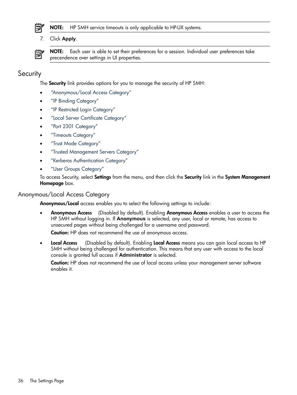 Security, Anonymous/local access category | HP System Management Homepage-Software User Manual | Page 36 / 102