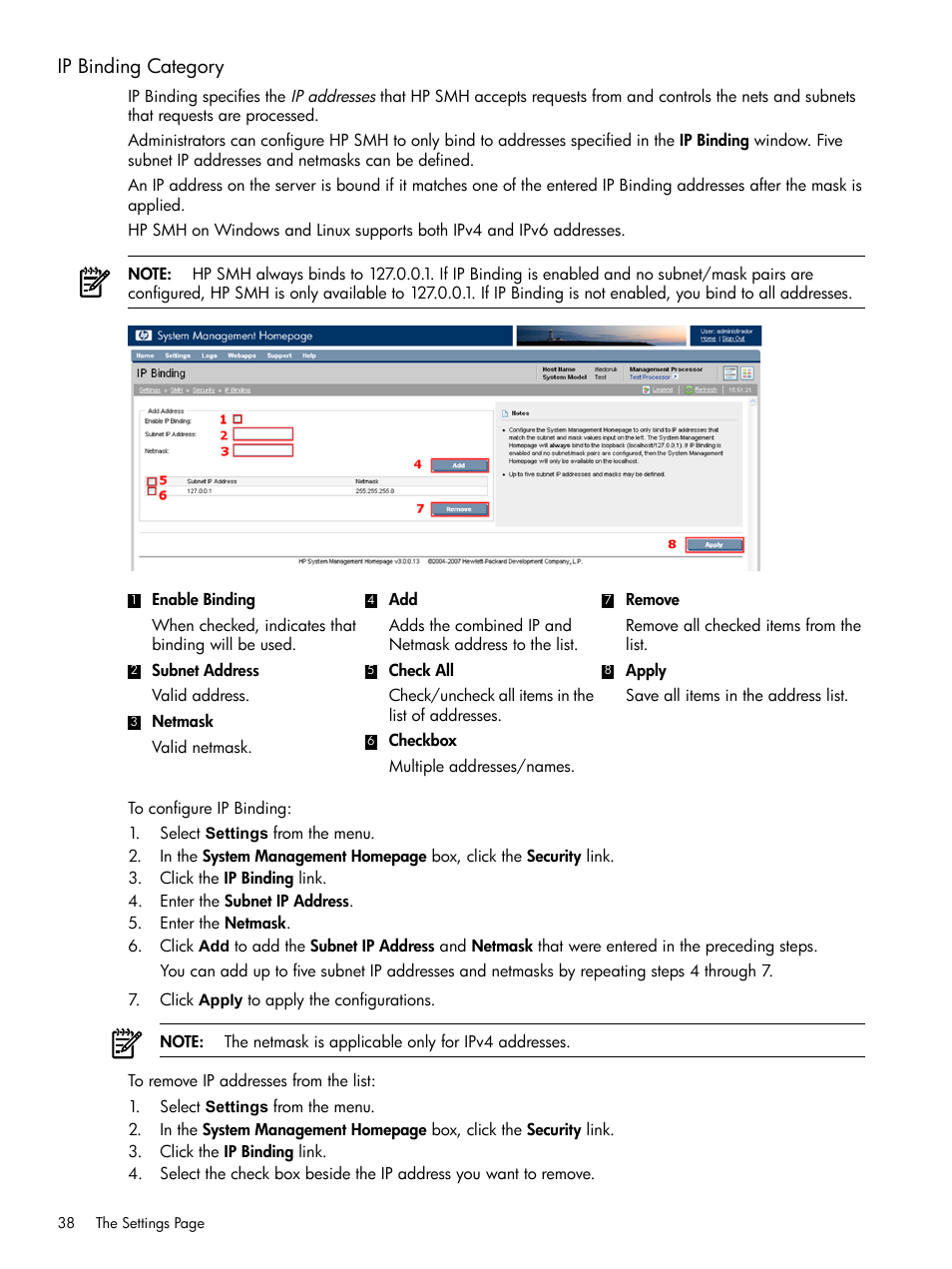 Ip binding category | HP System Management Homepage-Software User Manual | Page 38 / 102