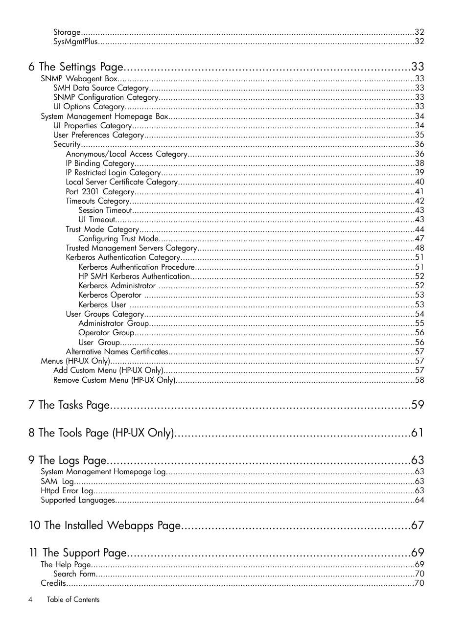 6 the settings page, 10 the installed webapps page 11 the support page | HP System Management Homepage-Software User Manual | Page 4 / 102