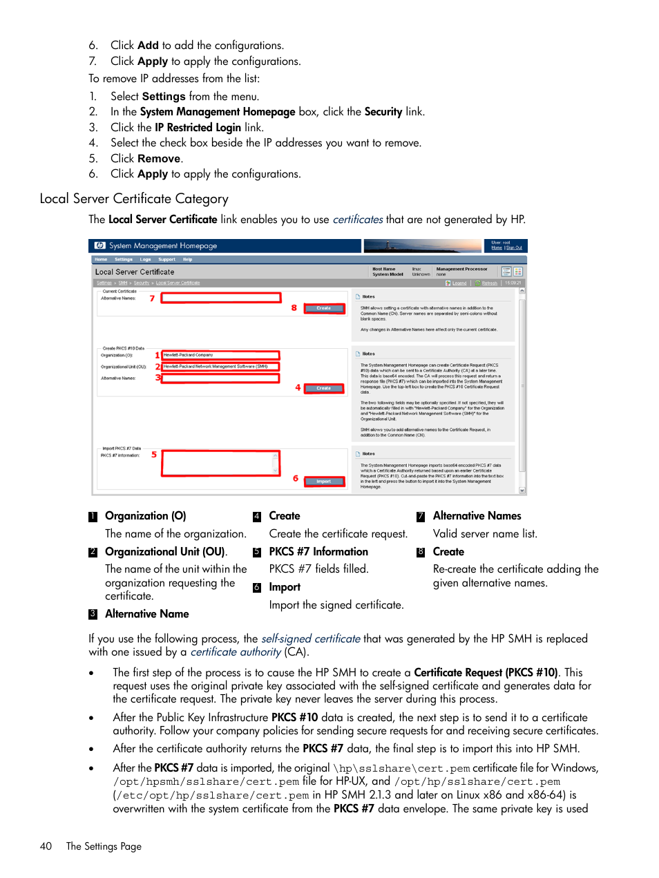 Local server certificate category | HP System Management Homepage-Software User Manual | Page 40 / 102