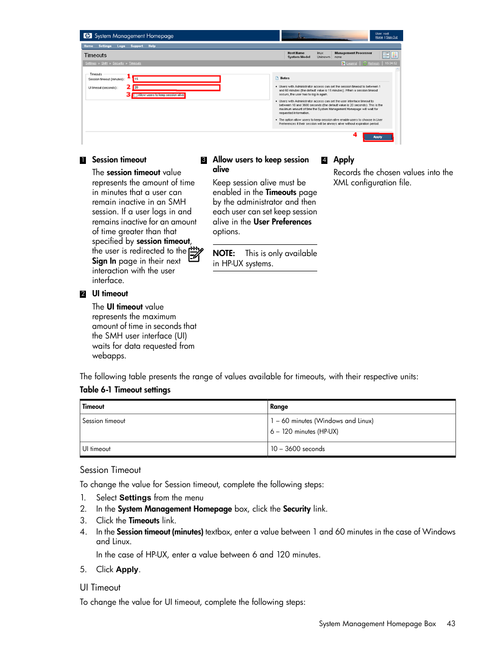 Session timeout, Ui timeout, Session timeout ui timeout | Timeout settings | HP System Management Homepage-Software User Manual | Page 43 / 102