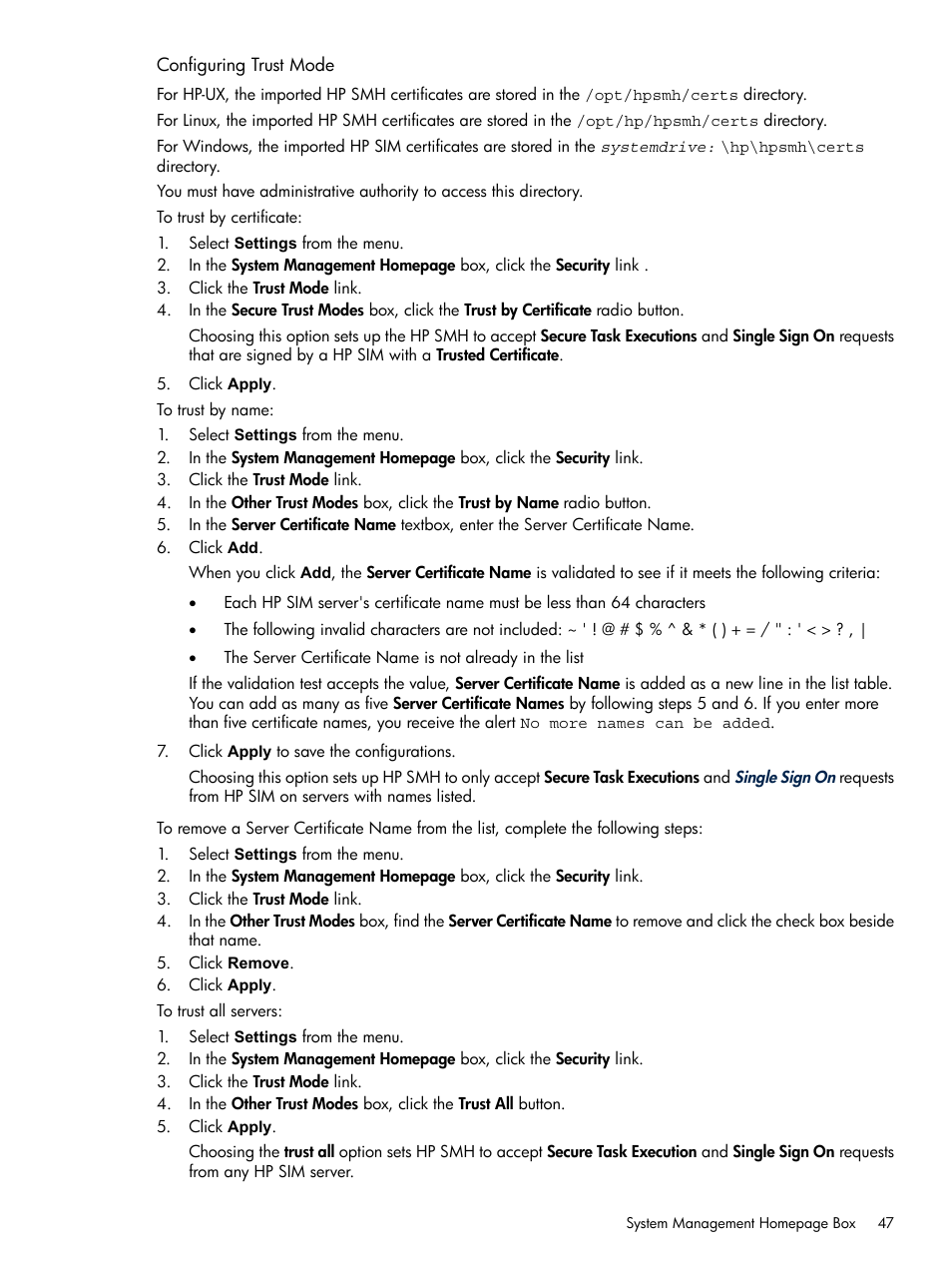 Configuring trust mode | HP System Management Homepage-Software User Manual | Page 47 / 102