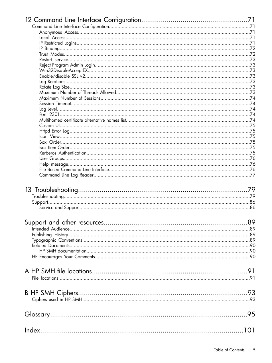 12 command line interface configuration, 13 troubleshooting, Support and other resources | A hp smh file locations, B hp smh ciphers, Glossary index | HP System Management Homepage-Software User Manual | Page 5 / 102