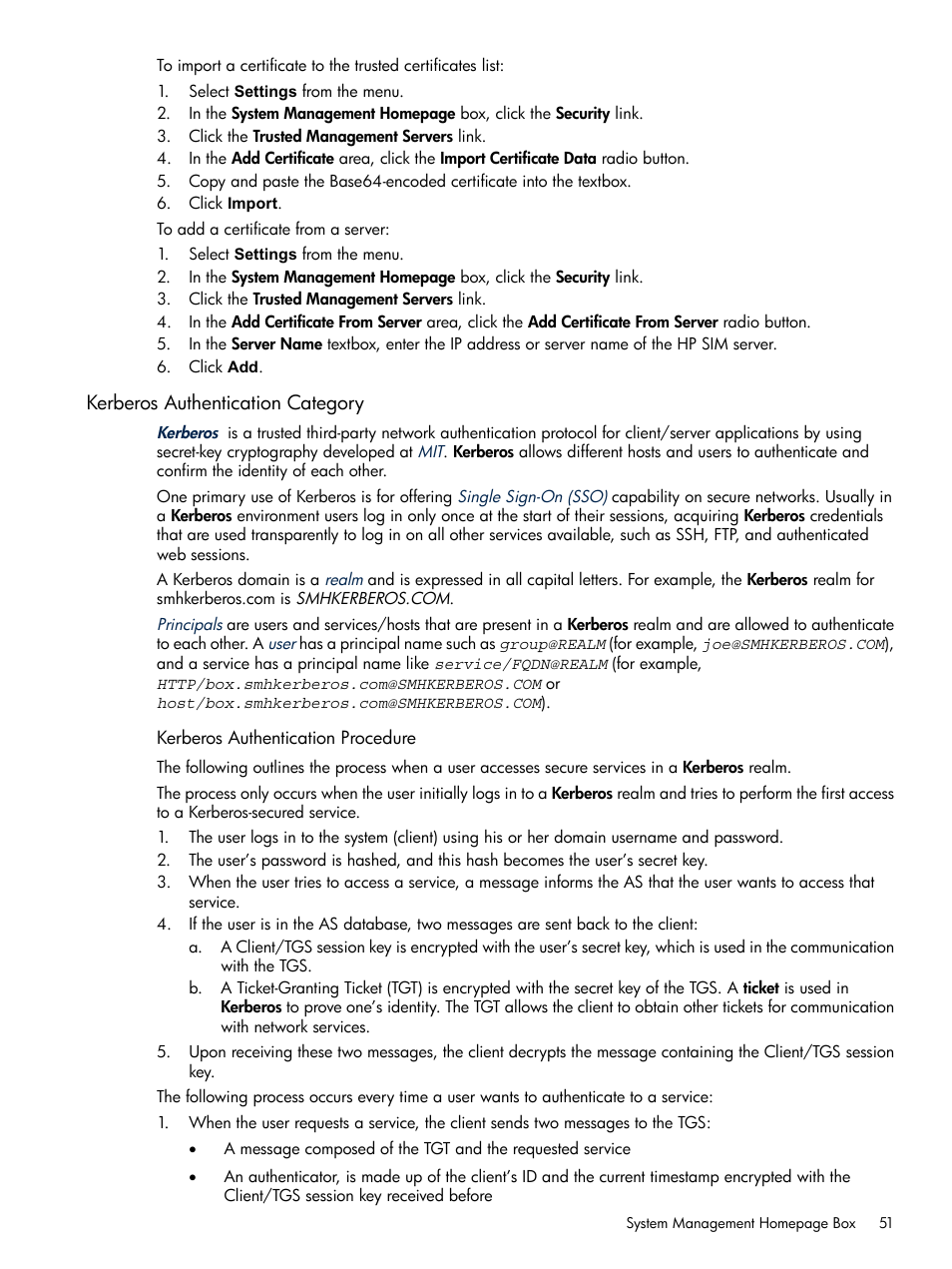 Kerberos authentication category, Kerberos authentication procedure | HP System Management Homepage-Software User Manual | Page 51 / 102