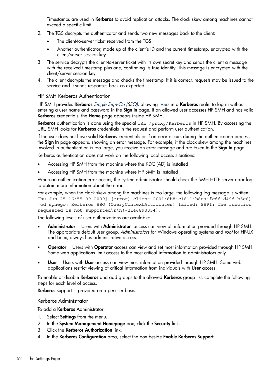 Hp smh kerberos authentication, Kerberos administrator | HP System Management Homepage-Software User Manual | Page 52 / 102