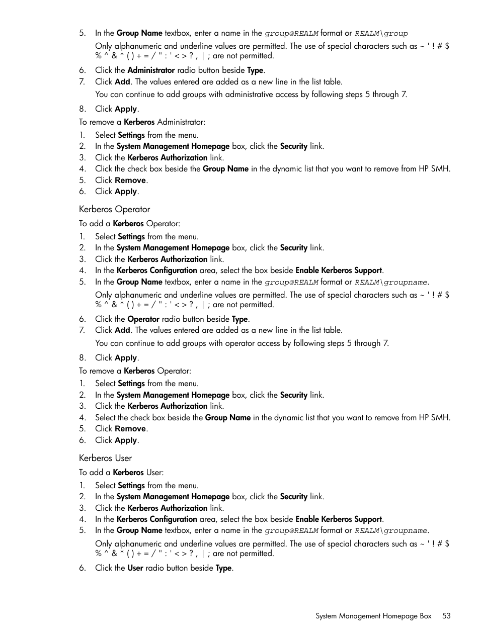 Kerberos operator, Kerberos user, Kerberos operator kerberos user | HP System Management Homepage-Software User Manual | Page 53 / 102