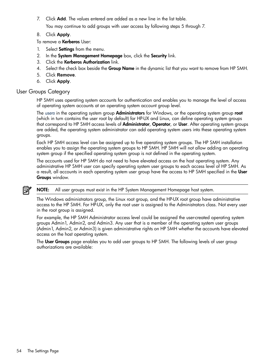 User groups category | HP System Management Homepage-Software User Manual | Page 54 / 102