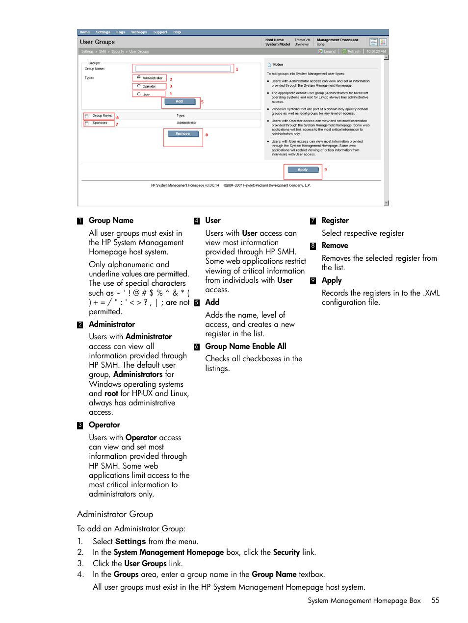 Administrator group | HP System Management Homepage-Software User Manual | Page 55 / 102