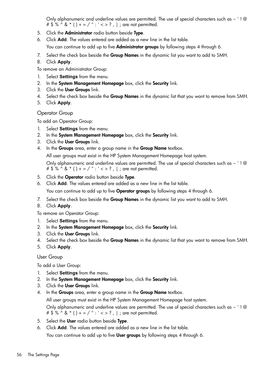 Operator group, User group, Operator group user group | HP System Management Homepage-Software User Manual | Page 56 / 102