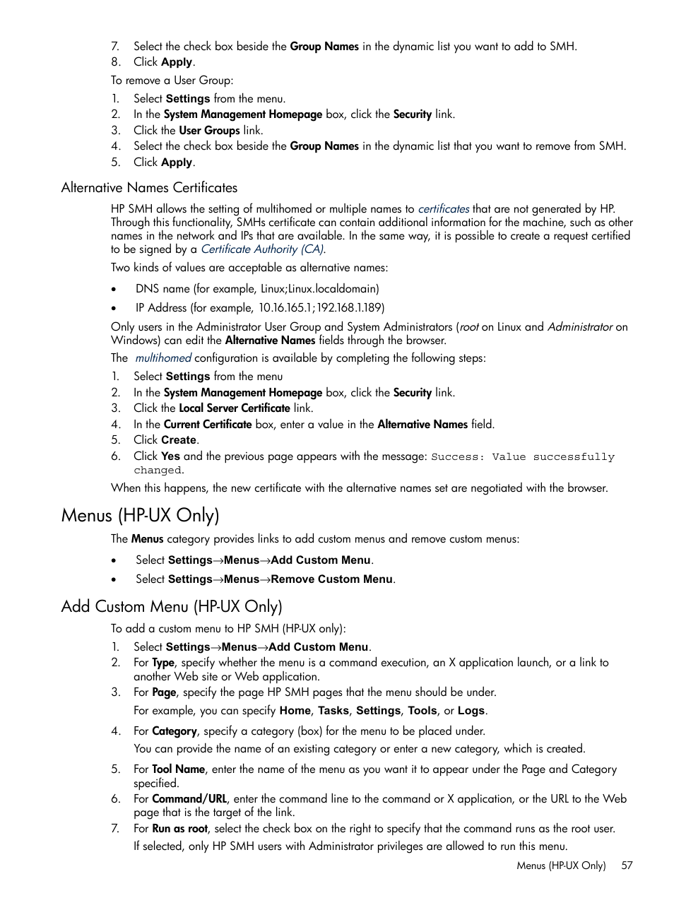 Alternative names certificates, Menus (hp-ux only), Add custom menu (hp-ux only) | HP System Management Homepage-Software User Manual | Page 57 / 102