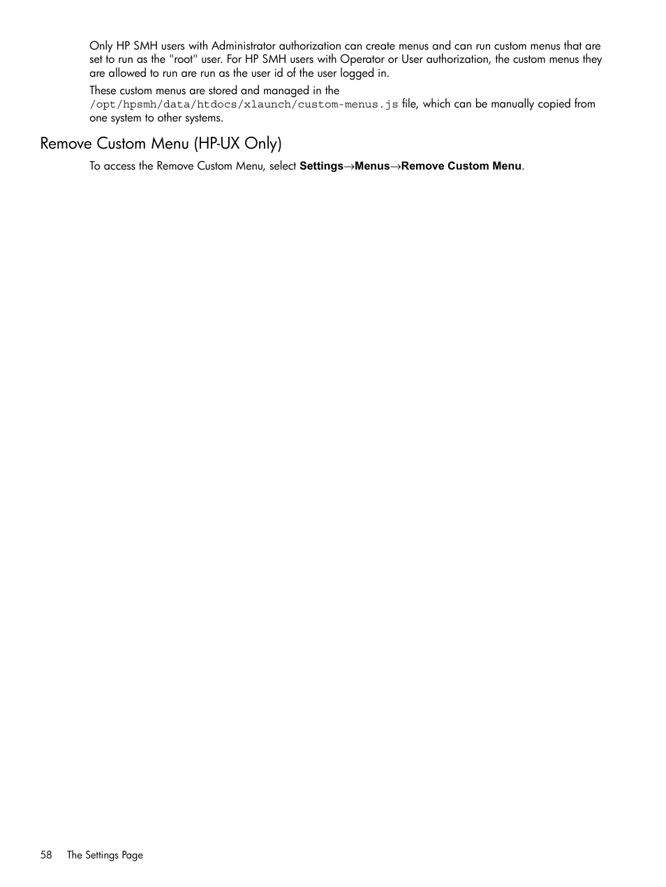 Remove custom menu (hp-ux only) | HP System Management Homepage-Software User Manual | Page 58 / 102