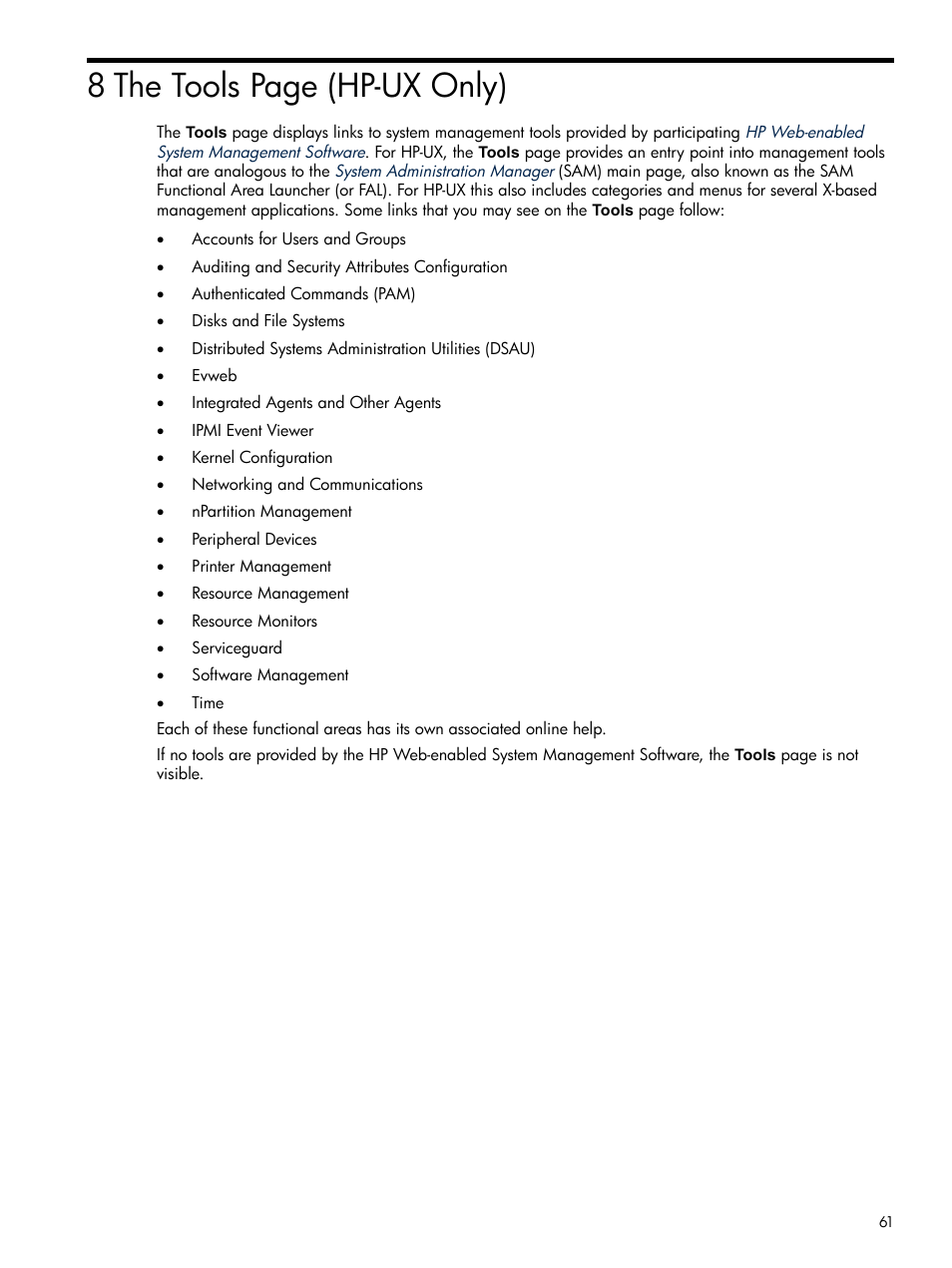8 the tools page (hp-ux only) | HP System Management Homepage-Software User Manual | Page 61 / 102