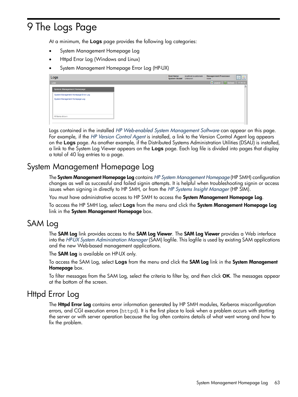 Sam log, Httpd error log, 9 the logs page | System management homepage log | HP System Management Homepage-Software User Manual | Page 63 / 102