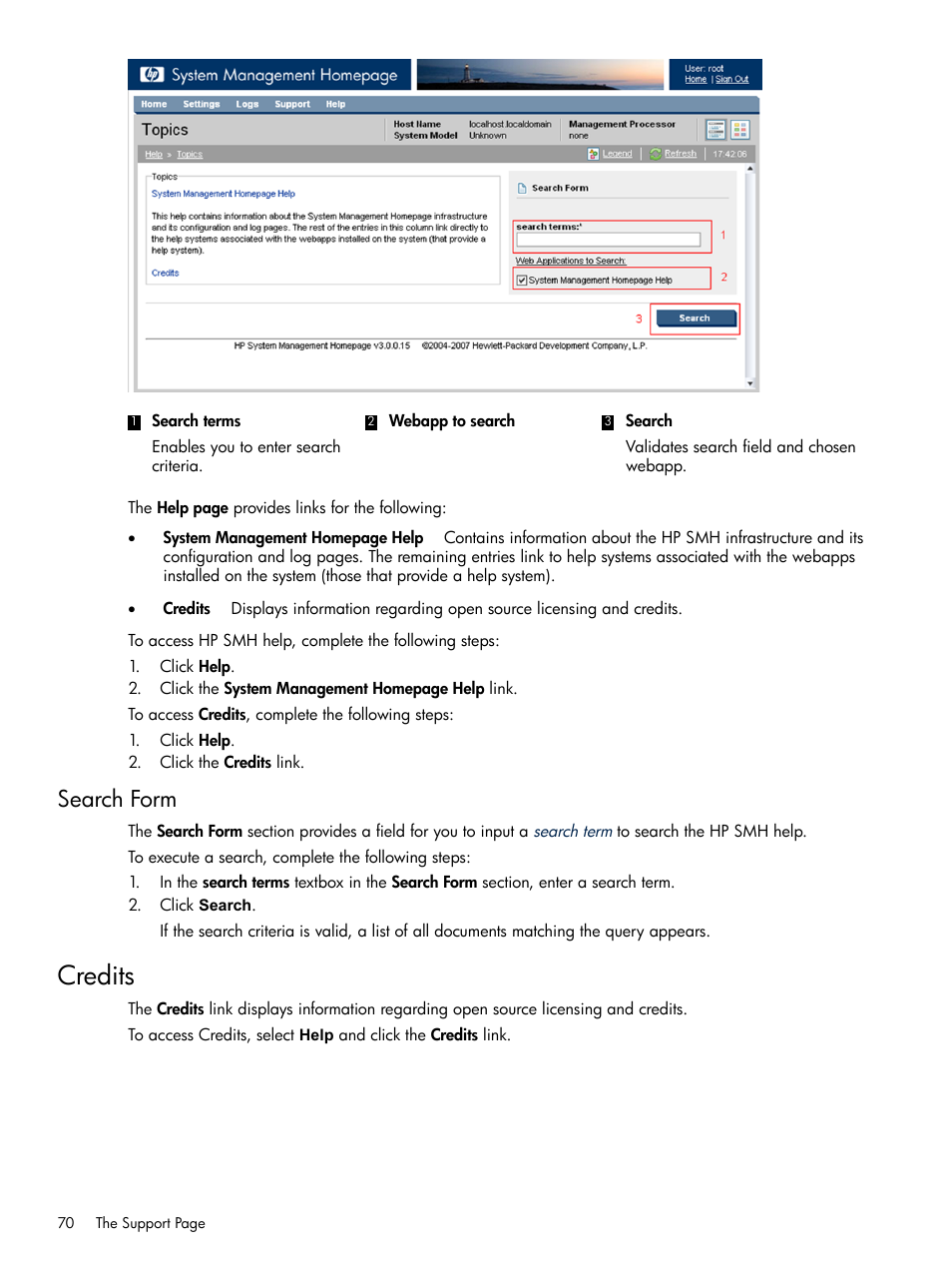 Search form, Credits | HP System Management Homepage-Software User Manual | Page 70 / 102