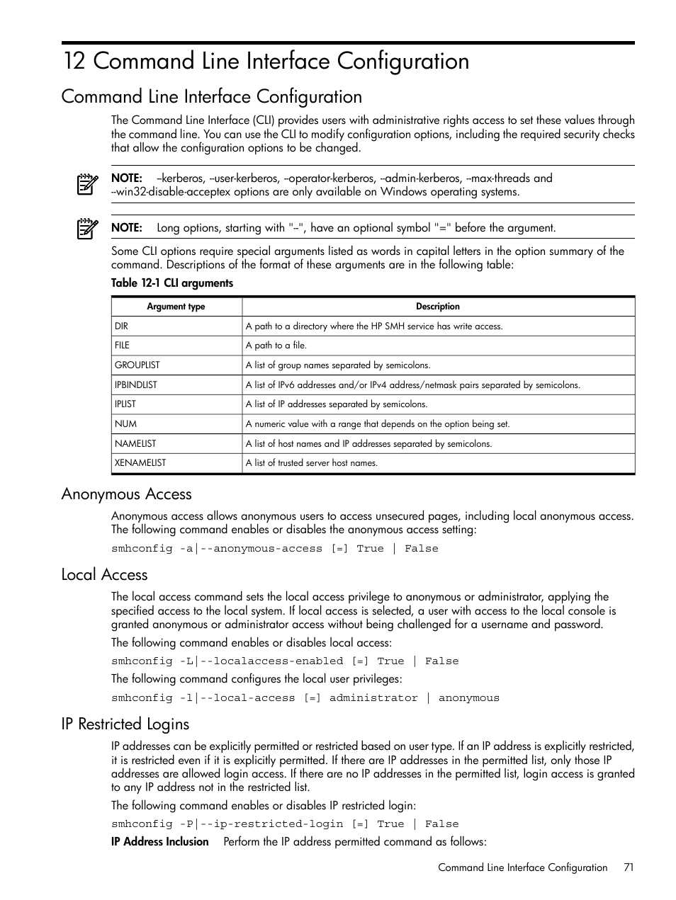 12 command line interface configuration, Command line interface configuration, Anonymous access | Local access, Ip restricted logins, Anonymous access local access ip restricted logins, Cli arguments | HP System Management Homepage-Software User Manual | Page 71 / 102