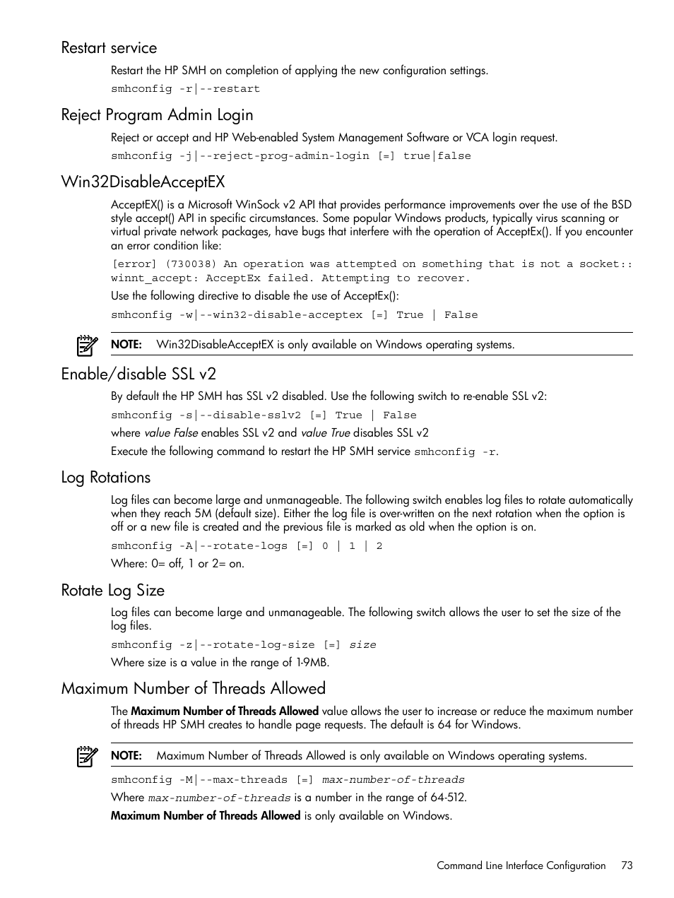 Restart service, Reject program admin login, Win32disableacceptex | Enable/disable ssl v2, Log rotations, Rotate log size, Maximum number of threads allowed | HP System Management Homepage-Software User Manual | Page 73 / 102