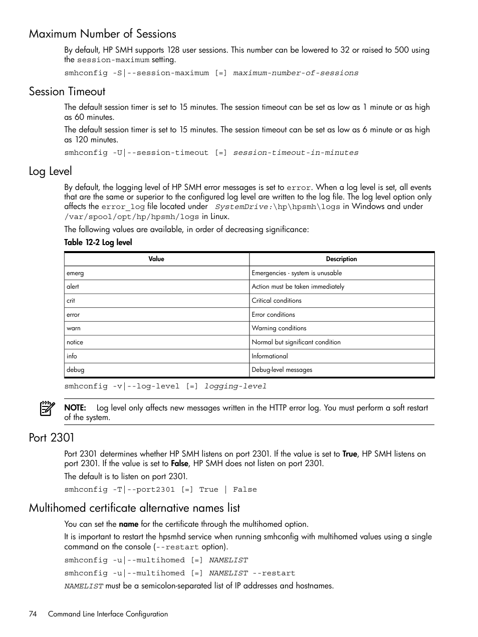 Maximum number of sessions, Session timeout, Log level | Port 2301, Multihomed certificate alternative names list | HP System Management Homepage-Software User Manual | Page 74 / 102