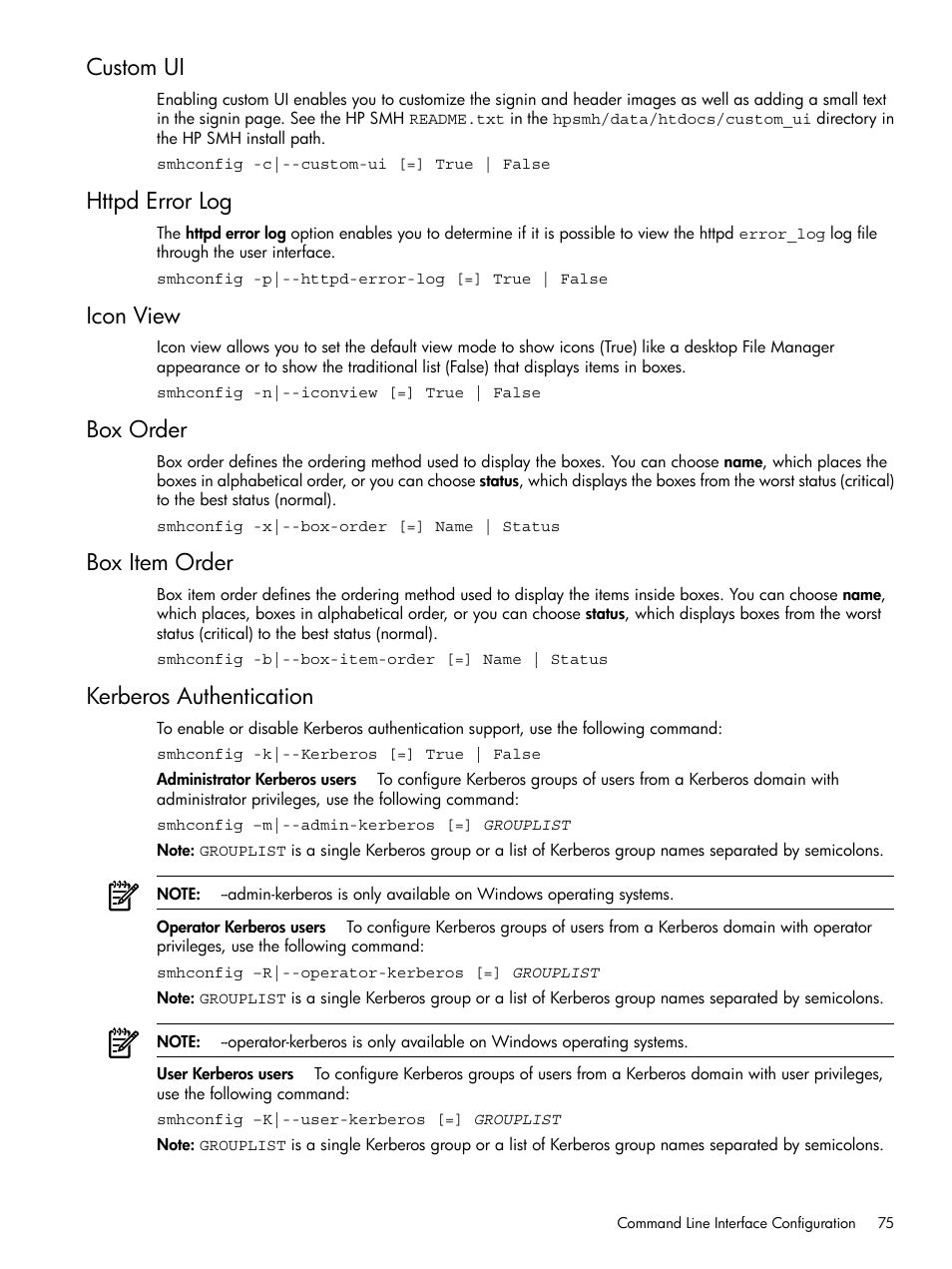 Custom ui, Httpd error log, Icon view | Box order, Box item order, Kerberos authentication | HP System Management Homepage-Software User Manual | Page 75 / 102