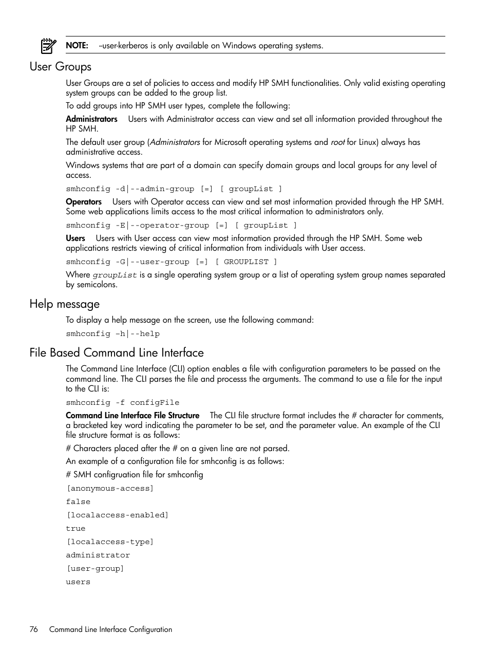 User groups, Help message, File based command line interface | HP System Management Homepage-Software User Manual | Page 76 / 102