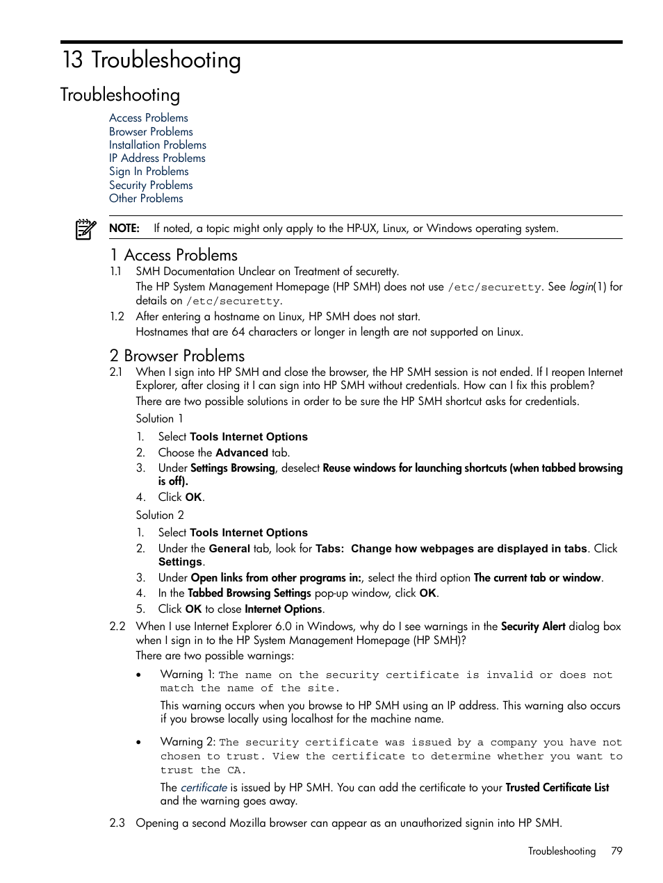 13 troubleshooting, Troubleshooting, 1 access problems | 2 browser problems | HP System Management Homepage-Software User Manual | Page 79 / 102