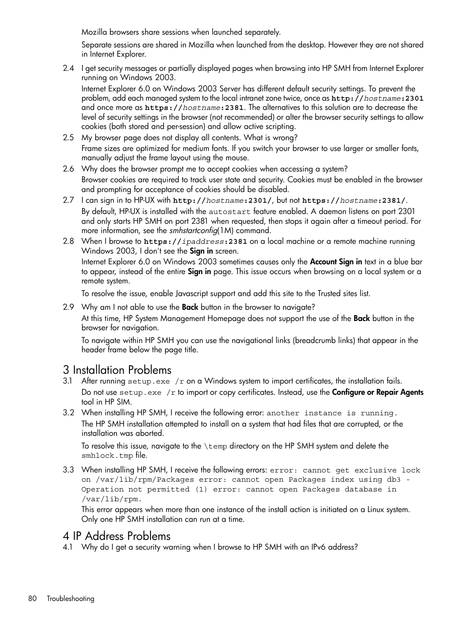 Installation problems ip address problems, 3 installation problems, 4 ip address problems | HP System Management Homepage-Software User Manual | Page 80 / 102