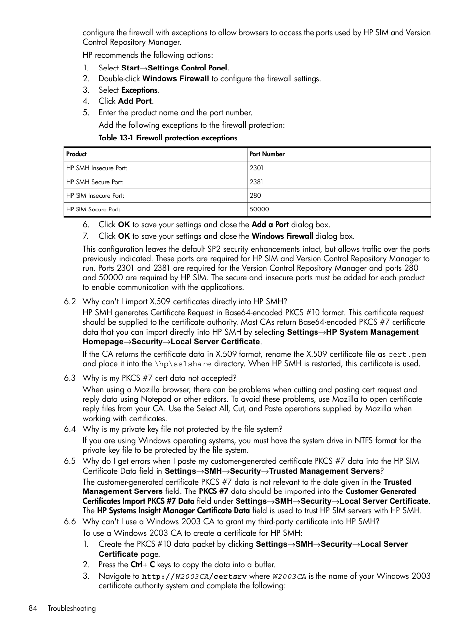 Firewall protection exceptions | HP System Management Homepage-Software User Manual | Page 84 / 102