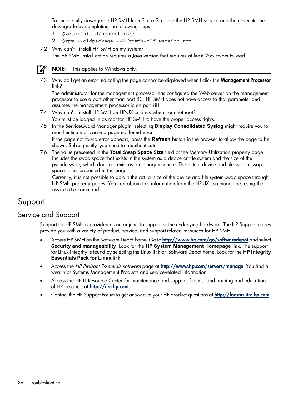 Support, Service and support | HP System Management Homepage-Software User Manual | Page 86 / 102