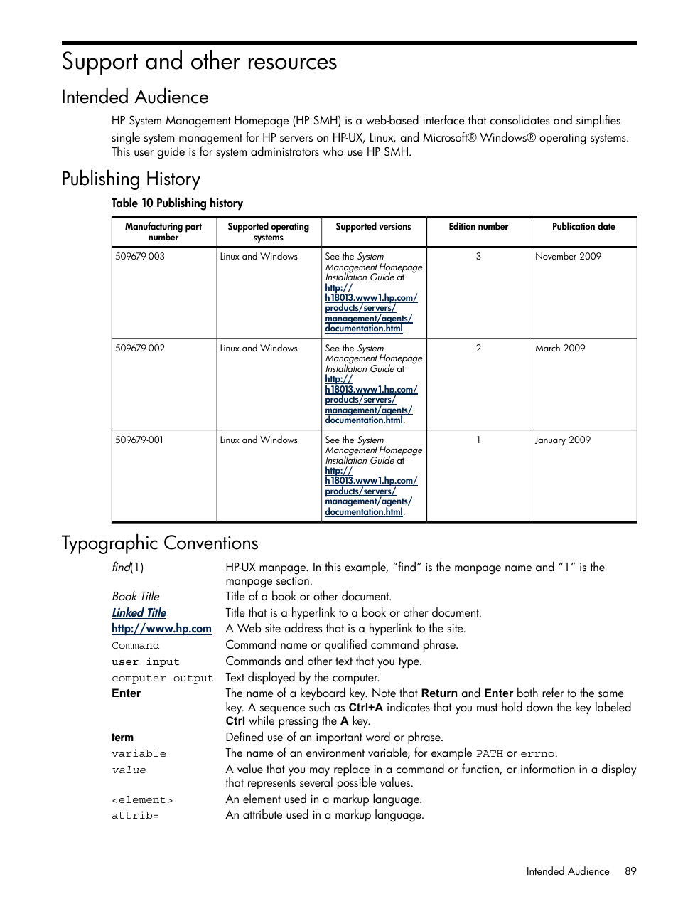 Support and other resources, Intended audience, Publishing history | Typographic conventions | HP System Management Homepage-Software User Manual | Page 89 / 102