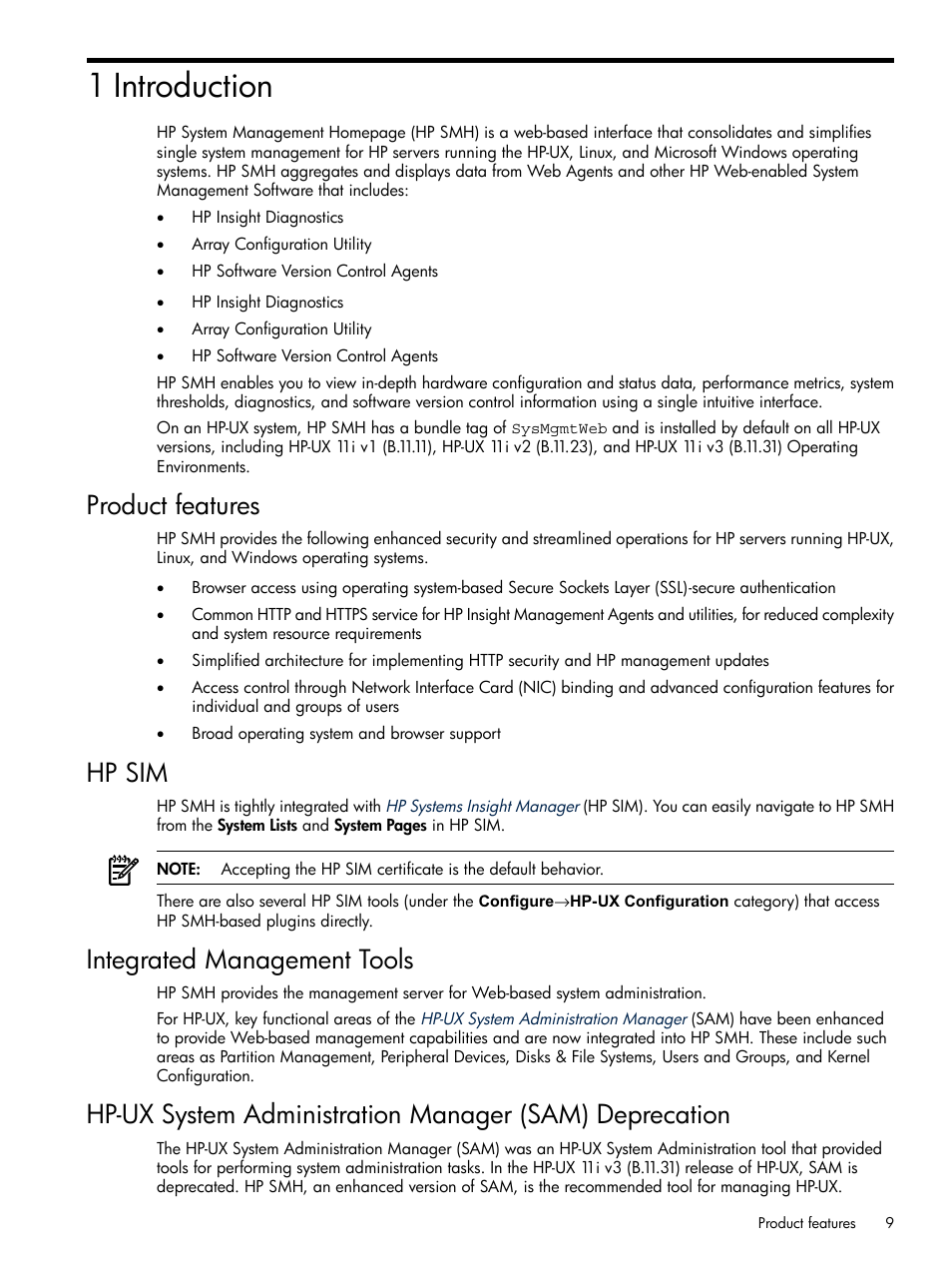 1 introduction, Product features, Hp sim | Integrated management tools | HP System Management Homepage-Software User Manual | Page 9 / 102