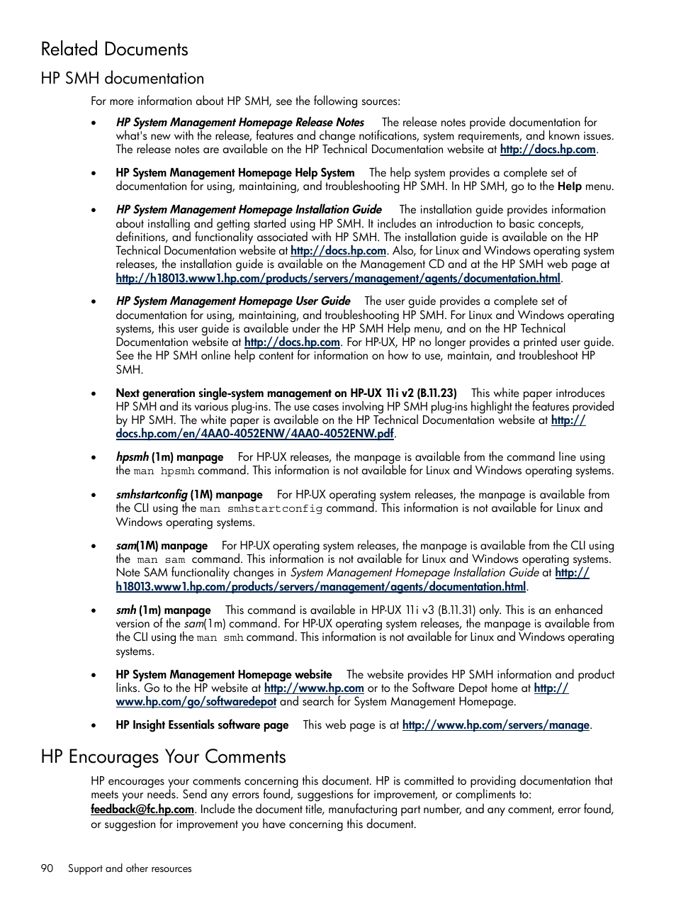 Related documents, Hp smh documentation, Hp encourages your comments | HP System Management Homepage-Software User Manual | Page 90 / 102