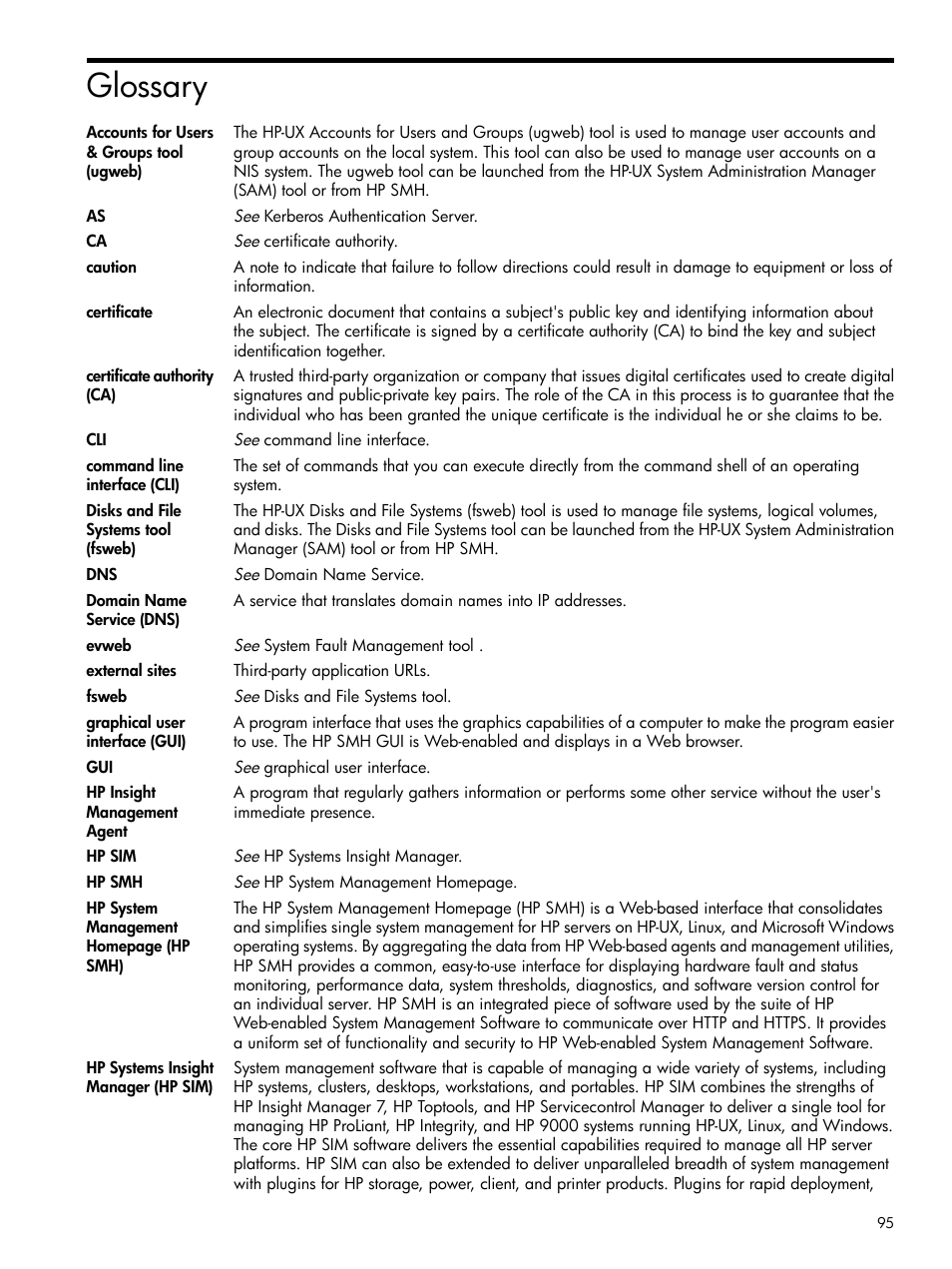 Glossary, Certificate, Hp system | Hp systems insight manager, Hp smh, Hp system management, Certificates, Certificate authority (ca) | HP System Management Homepage-Software User Manual | Page 95 / 102