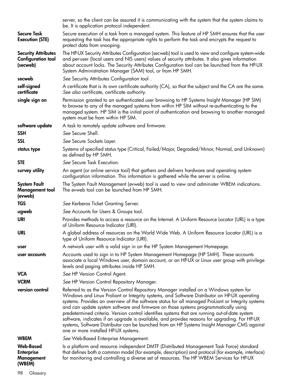 Single sign-on (sso), User | HP System Management Homepage-Software User Manual | Page 98 / 102